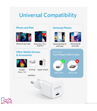 شارژر دیواری انکر مدل PowerPort III Cube (A2149) توان 20 وات با پورت USB-C (دوپین)