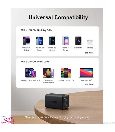 شارژر دیواری انکر مدل (Nano 3 (A2039 توان ۴۷ وات و دو پورت USB-C (سه‌پین)