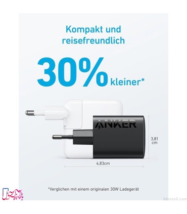 شارژر دیواری انکر مدل Compact Charger (A2640) توان ۳۰ وات و پورت USB-C (دو پین)